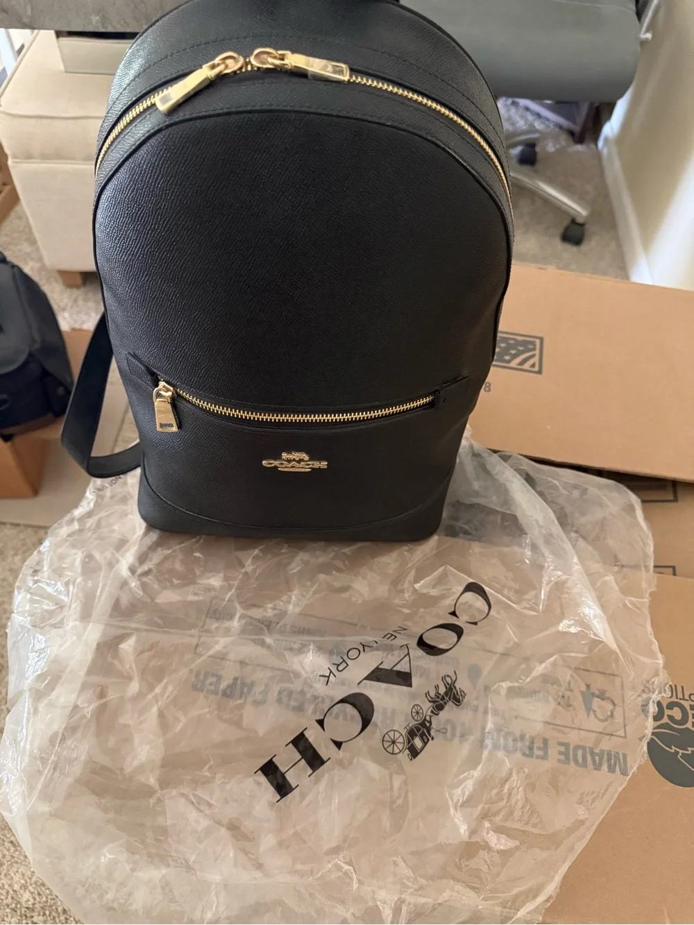 Coach Black Leather Backpack with Gold Hardware